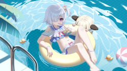 2girls absurdres ball beachball bikini blonde_hair blue_hair byouinzaka_rei drinking flat_chest from_above highres innertube kan_shan_ting_yu multiple_girls nijisanji partially_submerged pointy_ears pool project-sp purple_eyes rubber_duck shiori_(virtuareal) swim_ring swimsuit virtual_youtuber virtuareal