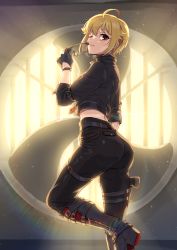 Rule 34 | 1girl, ahoge, arched back, arm belt, ass, backlighting, belt, black footwear, black gloves, black jacket, black pants, blonde hair, boots, chain, closed mouth, commentary request, unworn eyewear, feet out of frame, from side, gloves, gun, hair flaps, hand up, handgun, high collar, high heel boots, high heels, holding, holding removed eyewear, holster, holstered, ibuki tsubasa, idolmaster, idolmaster million live!, idolmaster million live! theater days, indoors, jacket, kamille (vcx68), knee boots, leather, leather jacket, leather pants, leg up, lens flare, light particles, light rays, long sleeves, looking at viewer, looking back, midriff, one eye closed, pants, red eyes, short hair, sidelocks, smirk, solo, standing, standing on one leg, sunglasses, sunglasses removed, thigh holster, thigh strap, weapon