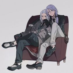 Rule 34 | 2boys, alternate costume, arm around shoulder, arm rest, armchair, black footwear, black gloves, black jacket, black necktie, blue pants, braid, buttons, chair, coat, collared shirt, commentary, contemporary, covered mouth, crossed legs, emet-selch, final fantasy, final fantasy xiv, frilled sleeves, frills, frown, full body, furrowed brow, gloves, grey coat, grey gloves, hand on own face, highres, hythlodaeus, jacket, knee up, looking at another, male focus, medium hair, multiple boys, necktie, on chair, pants, purple eyes, purple hair, radoge14, shared chair, shirt, shoes, side braid, simple background, single braid, sitting, smile, white background, white hair, white pants, white shirt, yellow eyes
