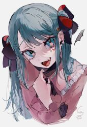 Rule 34 | 1girl, aqua eyes, aqua hair, black ribbon, commentary, earrings, fangs, hair ribbon, hatsune miku, heart on cheek, highres, jewelry, long hair, long sleeves, looking at viewer, open mouth, pink sweater, ribbon, siuroi, smile, solo, sweater, twintails, vampire, vampire (vocaloid), vocaloid, white background