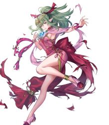 Rule 34 | 1girl, bracelet, breasts, dress, female focus, fire emblem, fire emblem: mystery of the emblem, fire emblem heroes, full body, gold trim, green eyes, green hair, highres, jewelry, matching hair/eyes, medium breasts, nintendo, non-web source, official alternate costume, official art, p-nekor, pink dress, pointy ears, ponytail, short dress, solo, thighs, tiara, tiki (adult) (fire emblem), tiki (fire emblem), torn clothes, transparent background