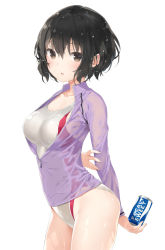 Rule 34 | 1girl, black hair, blush, brand name imitation, breasts, brown eyes, can, closed mouth, collarbone, hair between eyes, highres, holding, holding can, jacket, kani biimu, long sleeves, looking at viewer, medium breasts, one-piece swimsuit, original, parted lips, pocari sweat, see-through, short hair, simple background, smile, solo, swimsuit, swimsuit under clothes, wet, wet hair, wet jacket, white background, white one-piece swimsuit