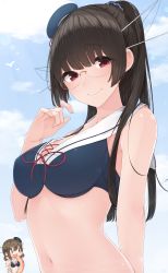 Rule 34 | 2girls, absurdres, adapted costume, alternate hairstyle, bikini, black hair, breasts, brown hair, choukai (kancolle), cleavage, commentary request, front-tie top, glasses, hair ornament, hairclip, hat, highres, kantai collection, long hair, looking at viewer, maya (kancolle), medium breasts, midriff, multiple girls, navel, ponytail, red eyes, sailor bikini, sailor collar, scrunchie, smile, swimsuit, yukichi (sukiyaki39)