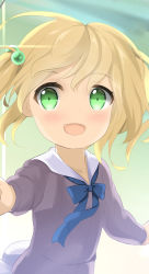Rule 34 | 1girl, :d, blonde hair, blue bow, bow, commentary request, green eyes, hair between eyes, hair bobbles, hair ornament, highres, kogyokuapple, looking at viewer, open mouth, original, pleated skirt, purple shirt, shirt, skirt, smile, solo, twintails, white skirt
