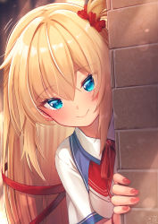 Rule 34 | 1girl, akai haato, akai haato (1st costume), blonde hair, blue eyes, blush, breasts, brick wall, collared shirt, commentary request, eyes visible through hair, hair between eyes, hair ornament, heart, heart hair ornament, highres, hololive, long hair, looking at viewer, magowasabi, nail polish, one side up, peeking out, red nails, red ribbon, ribbon, shirt, short sleeves, signature, smile, solo, twitter username, upper body, virtual youtuber, white shirt