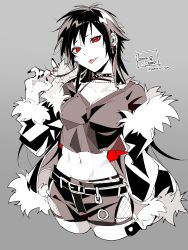 Rule 34 | 1girl, :p, absurdres, belt, black choker, black hair, black jacket, black nails, breasts, brown shirt, brown shorts, character name, chinese commentary, choker, cleavage, collarbone, commentary request, cowboy shot, crop top, cropped legs, durarara!!, ear piercing, earrings, eromkk, eyeshadow, fishnets, fur-trimmed jacket, fur-trimmed sleeves, fur trim, genderswap, genderswap (mtf), grey background, twirling hair, hand up, highres, jacket, jewelry, limited palette, looking at viewer, makeup, medium breasts, medium hair, midriff, nail polish, navel, off shoulder, open clothes, open jacket, orihara izaya, piercing, red eyes, red eyeshadow, shirt, shorts, signature, simple background, smile, solo, spiked choker, spikes, standing, tongue, tongue out