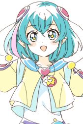 Rule 34 | 1girl, :d, antennae, aqua eyes, aqua hair, blue sailor collar, blush, cropped jacket, dress, hagoromo lala, hair between eyes, hair ornament, heart, heart hair ornament, highres, jacket, looking at viewer, multicolored hair, namori, open mouth, partially colored, pink hair, pointy ears, precure, sailor collar, short hair, short sleeves, simple background, smile, solo, star-shaped pupils, star (symbol), star color pendant, star in eye, star twinkle precure, streaked hair, symbol-shaped pupils, symbol in eye, white background, white dress, yellow jacket
