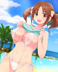 Rule 34 | 10s, 1girl, :d, bare arms, bare shoulders, blue shirt, blue sky, breasts, brown eyes, brown hair, cameltoe, collarbone, covered erect nipples, day, eyebrows, glint, groin, hair ornament, hair scrunchie, heart, heart necklace, horizon, idolmaster, idolmaster cinderella girls, jewelry, large breasts, lillithlauda, looking at viewer, navel, necklace, nipples, ocean, one-piece swimsuit, open mouth, palm tree, pendant, penis, plant, pool, puffy nipples, ribbon, scrunchie, see-through, shiny skin, shirt, short hair, sky, sleeveless, slingshot swimsuit, smile, solo, stomach, summer, swimsuit, tank top, tareme, totoki airi, tree, undressing, white one-piece swimsuit, white ribbon