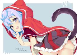 Rule 34 | 1boy, ass, bent over, blue hair, blush, commentary request, dated, dress, fake tail, hacka doll, hacka doll 3, hand on own face, hood, long hair, looking at viewer, male focus, mokyutan, open mouth, purple eyes, red hood, solo, tail, trap, two-tone background