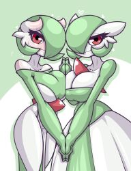 Rule 34 | 2girls, ass, bare shoulders, blush, bottomless, breasts, cleavage, colored skin, creatures (company), curvy, dress, eye contact, eyebrows, eyelashes, female focus, furry, game freak, gardevoir, gen 3 pokemon, green hair, green skin, hair over one eye, half-closed eyes, heart, highres, holding hands, huge ass, huge breasts, large breasts, limebreaker, looking at another, looking at viewer, multiple girls, nintendo, personification, pokemon, pussy, red eyes, short hair, sweat, thick thighs, thighs, white skin, wide hips