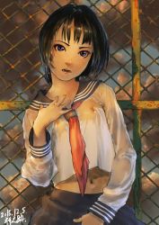 Rule 34 | 1girl, absurdres, bad id, bad pixiv id, black hair, blue eyes, bob cut, breasts, chain-link fence, cloud, cloudy sky, fence, hand on own chest, highres, midriff, navel, neckerchief, nipples, no bra, open mouth, original, see-through, shirt, short hair, skirt, sky, small breasts, solo, uniform, wet, wet clothes, wet shirt, zennosuke