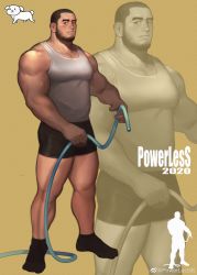 Rule 34 | 1boy, absurdres, bara, bare arms, bare shoulders, beard, belly, black male underwear, blush, boxers, brown hair, bulge, buzz cut, facial hair, full body, highres, hose, large pectorals, male focus, male underwear, mature male, muscular, muscular male, original, pectorals, powerlesssong, short hair, socks, solo, tank top, thick thighs, thighs, underwear, very short hair, white tank top, zoom layer