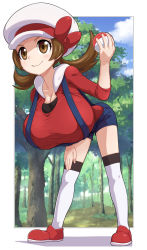 Rule 34 | 1girl, alternate breast size, blue overalls, bow, breasts, brown eyes, brown hair, cabbie hat, cleavage, closed mouth, creatures (company), full body, game freak, hat, hat bow, highres, huge breasts, leaning forward, long hair, looking at viewer, lyra (pokemon), nanina (nijnan), nintendo, oppai loli, overalls, pokemon, pokemon hgss, red bow, red shirt, shirt, simple background, solo, twintails, white background, white hat