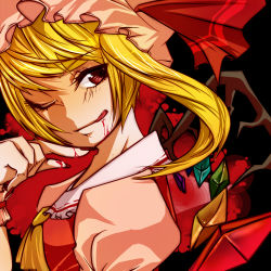 Rule 34 | 1girl, :q, ;q, blonde hair, blood, face, female focus, flandre scarlet, licking, lowres, ochiai mayumi, one eye closed, short hair, solo, embodiment of scarlet devil, tongue, tongue out, touhou, tsui ai, wink