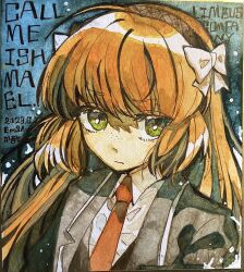 Rule 34 | 1girl, absurdres, black jacket, bow, brown hairband, closed mouth, collared shirt, dated, em3ang, freckles, green eyes, hair bow, hairband, highres, ishmael (project moon), jacket, limbus company, long hair, necktie, orange hair, painting (medium), portrait, project moon, red necktie, shirt, solo, traditional media, very long hair, watercolor (medium), white bow, white shirt, wing collar