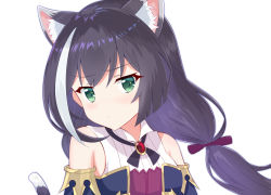 Rule 34 | 1girl, animal ear fluff, animal ears, bare shoulders, black hair, blue sleeves, blush, bow, breasts, cat ears, cat girl, cat tail, closed mouth, commentary request, derivative work, detached sleeves, green eyes, hair between eyes, hair bow, karyl (princess connect!), long hair, looking at viewer, low twintails, princess connect!, purple bow, shirt, simple background, sleeveless, sleeveless shirt, small breasts, solo, tail, twintails, upper body, white background, white shirt, yutsuki warabi