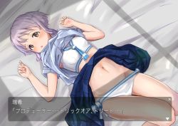 Rule 34 | blue shirt, blue skirt, blush, breasts, brown eyes, clothes lift, commentary request, hakubaru, hip bones, idolmaster, idolmaster million live!, legs, long skirt, looking at viewer, makabe mizuki, navel, on bed, open mouth, purple hair, sailor swimsuit (idolmaster), shirt, shirt lift, short hair, short sleeves, sidelocks, skirt, small breasts, solo, swimsuit, thighs, translated