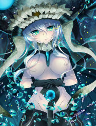 Rule 34 | 10s, 1girl, abyssal ship, black gloves, bodysuit, breasts, cane, cape, colored skin, cowboy shot, gloves, green eyes, hat, ichiyou moka, kantai collection, large breasts, long hair, looking at viewer, solo, white hair, white skin, wo-class aircraft carrier