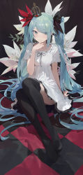 Rule 34 | 1girl, absurdres, arm support, black thighhighs, crown, dress, eyes visible through hair, flower, hatsune miku, highres, lily (flower), long hair, looking at viewer, mini crown, modare, sitting, solo, thighhighs, thighs, twintails, very long hair, vocaloid, white dress, world is mine (vocaloid)