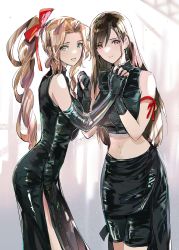 Rule 34 | 2girls, absurdres, aerith gainsborough, alternate costume, arm ribbon, bare shoulders, black dress, black gloves, black hair, black shirt, black shorts, braid, braided ponytail, breasts, brown hair, cowboy shot, crop top, dress, earrings, elbow gloves, final fantasy, final fantasy vii, final fantasy vii advent children, fingerless gloves, gloves, green eyes, hair between eyes, hair ribbon, highres, holding hands, jewelry, large breasts, long dress, long hair, looking at viewer, medium breasts, midriff, multiple girls, navel, open mouth, parted bangs, red eyes, red ribbon, ribbon, shirt, shoji sakura, shorts, side slit, sidelocks, simple background, smile, square enix, tifa lockhart, turtleneck, turtleneck dress, undershirt, waist cape, wavy hair, yuri