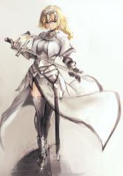 Rule 34 | 1girl, absurdres, armor, blonde hair, blue eyes, braid, fate/apocrypha, fate/grand order, fate (series), gauntlets, green eyes, helmet, highres, holding, holding sword, holding weapon, hometa, jeanne d&#039;arc (fate), jeanne d&#039;arc (ruler) (fate), jeanne d&#039;arc (third ascension) (fate), long hair, sheath, smile, solo, sword, thighhighs, weapon, white thighhighs