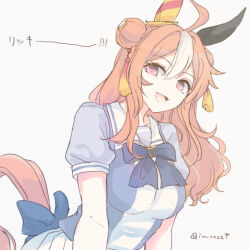Rule 34 | 1girl, ahoge, animal ears, blue shirt, bow, bowtie, breasts, breasts squeezed together, brown hair, copano rickey (umamusume), double bun, ear covers, fang, hair bun, hair ornament, horse ears, horse girl, horse tail, inutose, long hair, medium breasts, multicolored hair, open mouth, sailor collar, school uniform, shirt, short sleeves, simple background, skin fang, skirt, smile, solo, streaked hair, tail, tassel, tassel hair ornament, tracen school uniform, twitter username, umamusume, upper body, white background, white skirt