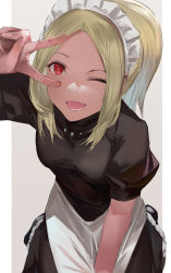 Rule 34 | 1girl, apron, black dress, blazpu, blonde hair, breasts, dark-skinned female, dark skin, dress, forehead, gravity daze, highres, kitten (gravity daze), leaning forward, long hair, looking at viewer, maid headdress, medium breasts, one eye closed, open mouth, parted bangs, puffy short sleeves, puffy sleeves, red eyes, short sleeves, smile, solo, v, waist apron, white apron