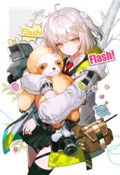 Rule 34 | 1girl, ahoge, arknights, camera, drone, heart, highres, jacket, lentain, necktie, pouch, scene (arknights), silver hair, stuffed animal, stuffed sloth, stuffed toy, thighhighs, tree, wand, white jacket, yellow eyes