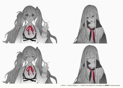 Rule 34 | 25-ji miku, 2girls, black hoodie, bow, chest harness, closed eyes, closed mouth, commentary request, dress, expressionless, grey eyes, hair bow, harness, hatsune miku, hood, hoodie, inochi ni kirawarete iru (vocaloid), long sleeves, looking at another, multiple girls, multiple views, neck ribbon, neckerchief, official art, open mouth, project sekai, red neckerchief, red ribbon, ribbon, sidelocks, twintails, upper body, vocaloid, white bow, white dress, white hair, yoisaki kanade, yyb