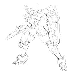 Rule 34 | commentary, cosmikaizer, english commentary, greyscale, gun, gundam, gundam aerial, gundam suisei no majo, highres, holding, holding gun, holding shield, holding weapon, looking to the side, mecha, mobile suit, monochrome, no humans, robot, science fiction, shield, sketch, solo, v-fin, weapon