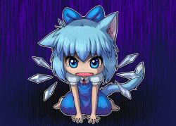 Rule 34 | 1girl, animal ears, arm support, bad id, bad pixiv id, blue eyes, blue hair, bow, cat ears, cat tail, cirno, dress, gradient background, hair bow, ice, ice wings, kemonomimi mode, l (negaeru), looking at viewer, matching hair/eyes, open mouth, purple background, ribbon, short hair, short sleeves, sitting, solo, tail, tears, touhou, wariza, wings