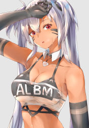 Rule 34 | 1girl, :o, alabama (azur lane), arm on own head, armpits, azur lane, bad id, bad pixiv id, bare shoulders, bikini, black bikini, black gloves, blush, body markings, bodypaint, breasts, cleavage, clothes writing, collarbone, commentary request, dark-skinned female, dark skin, detached collar, elbow gloves, facepaint, gloves, grey background, hair between eyes, jewelry, large breasts, long hair, looking at viewer, midriff, native american, necklace, noraneri, red eyes, see-through, sidelocks, silver hair, simple background, solo, standing, strapless, sweat, swimsuit, tube top, twintails, upper body, wet, wet clothes, white tube top