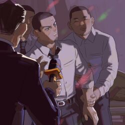 Rule 34 | 4boys, arm grab, blue eyes, brown hair, chengongzi123, english text, facial hair, facing another, goatee stubble, golden kamuy, holding, holding microphone, indoors, jacket, karaoke, long sleeves, looking to the side, male focus, microphone, multiple boys, necktie, open mouth, party, short hair, standing, stubble, tsukishima hajime, upper body, very short hair