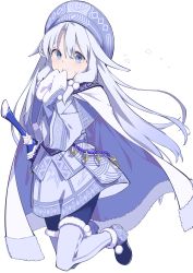 Rule 34 | 1girl, absurdres, ainu clothes, blue eyes, blue hair, cape, fate/grand order, fate (series), fur-trimmed cape, fur trim, hat, highres, illyasviel von einzbern, long hair, mittens, own hands together, pantyhose, sitonai (fate), sitonai (third ascension) (fate), solo, sword, thighhighs, weapon, white background, white mittens, xkirara39x