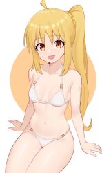 Rule 34 | 1girl, :d, absurdres, ahoge, arm support, armpit crease, bare arms, bare shoulders, bikini, blonde hair, bocchi the rock!, breasts, collarbone, commentary, english commentary, halterneck, highres, ijichi nijika, light blush, long hair, looking at viewer, medium breasts, moursho, navel, o-ring, o-ring bikini, open mouth, red eyes, side ponytail, sidelocks, sitting, smile, solo, stomach, string bikini, sweatdrop, swimsuit, thighs, two-tone background, very long hair, white background, white bikini, yellow background