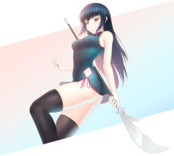 Rule 34 | 1girl, absurdres, ass, bare shoulders, black dress, black hair, black thighhighs, breasts, china dress, chinese clothes, dress, guan dao, highres, hip vent, holding, holding polearm, holding weapon, looking at viewer, looking to the side, medium breasts, no panties, novenine, original, polearm, red eyes, short dress, side-tie dress, skindentation, smirk, solo, thighhighs, thighs, weapon