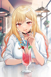 Rule 34 | 1girl, absurdres, akitsuki (oenothera), arm under breasts, blonde hair, blush, breasts, day, drinking, earrings, elbow rest, highres, indoors, jewelry, kitagawa marin, long hair, looking at viewer, medium breasts, multicolored hair, multiple earrings, open mouth, red eyes, shirt, solo, sono bisque doll wa koi wo suru, straw, table, two-tone hair, wavy hair, white shirt, window