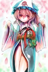 Rule 34 | 1girl, blue hat, blue kimono, blush, closed mouth, commentary request, feet out of frame, green sash, hair between eyes, hat, highres, japanese clothes, jonasan (bad-t), kimono, long hair, looking at viewer, mob cap, one side up, original, petals, pink eyes, pink hair, saigyouji suzuko, sash, smile, solo, touhou, triangular headpiece, wide sleeves