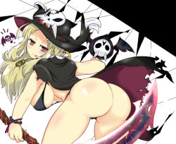 Rule 34 | 10s, 1girl, :p, artist request, ass, bent over, blonde hair, blush, bra, bracelet, breasts, cape, come hither, from behind, hat, jewelry, large breasts, leaning, leaning forward, looking at viewer, naughty face, panties, peace symbol, red eyes, ring, rosary, scythe, seductive smile, senran kagura, senran kagura shinovi versus, shiki (senran kagura), shiny skin, skull, smile, solo, thong, tongue, tongue out, underwear, weapon