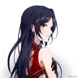 Rule 34 | 1girl, alternate hair length, alternate hairstyle, artist name, bare shoulders, black flower, black gloves, black hair, black rose, blush, closed mouth, commentary, earrings, flower, from side, gloves, gradient background, hand on own arm, hayami kanade, highres, idolmaster, idolmaster cinderella girls, jewelry, lace trim, long hair, looking at viewer, looking to the side, parted bangs, portrait, rose, sake dong, sleeveless, solo, white background, yellow eyes