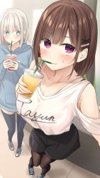 Rule 34 | ..., 2girls, ?, armpit peek, black legwear, black skirt, blood, blood from mouth, blue eyes, blue footwear, blue sweater, blush, bra visible through clothes, breast envy, breasts, brown hair, childhood friend-chan (ramchi), closed mouth, collarbone, cup, disposable cup, drink, drinking, drinking straw, drinking straw in mouth, from above, hair ornament, hairclip, highres, holding, holding cup, in mouth, large breasts, long sleeves, looking at another, medium hair, multiple girls, open mouth, original, pantyhose, pigeon-toed, ramchi, red eyes, shirt, shoes, silver hair-chan (ramchi), skirt, standing, sweater, thighhighs, thought bubble, white hair, white shirt