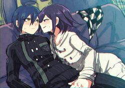 2boys absurdres ahoge black_jacket blush buttons checkered_clothes checkered_scarf chromatic_aberration collarbone collared_jacket couch danganronpa_(series) danganronpa_v3:_killing_harmony double-breasted eyelashes flipped_hair hair_between_eyes highres imminent_kiss indoors jacket kawati long_sleeves male_focus multiple_boys oma_kokichi on_couch pants partially_undressed perspective pinstripe_jacket pinstripe_pants pinstripe_pattern profile purple_eyes purple_hair saihara_shuichi scarf school_uniform sexually_suggestive shirt short_hair shy sitting smile smirk straitjacket striped_clothes striped_jacket striped_pants sweat two-tone_scarf unworn_scarf wavy_mouth yaoi yellow_eyes