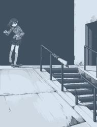 Rule 34 | 1girl, barefoot, blue theme, hamsterfragment, japanese saw, monochrome, no nose, original, saw, school uniform, skateboard, solo, stairs, suicidal girl (hamsterfragment), suicide