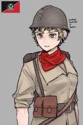 Rule 34 | 1girl, backpack, bag, belt pouch, blonde hair, brown bag, brown eyes, close-up, ear piercing, grey background, hearts of iron, helmet, highres, kaiserreich, military, military uniform, mole, mole under eye, piercing, pouch, pzkpfwi, red scarf, scarf, short hair, simple background, sketch, solo, uniform