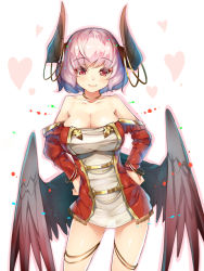 Rule 34 | 1girl, bangle, bare shoulders, bracelet, breasts, cleavage, demon girl, dress, hands on own hips, heart, horn ornament, horns, jewelry, large breasts, looking at viewer, original, pink hair, red eyes, see-through, short hair, smile, solo, thighs, wings, yuuji (yukimimi)