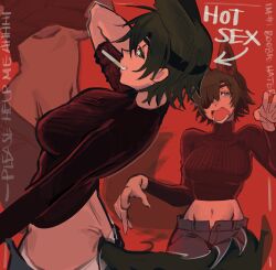 Rule 34 | 1girl, animal ears, black hair, black sweater, breasts, chainsaw man, cigarette, claw pose, dog ears, dog tail, eyepatch, highres, himeno (chainsaw man), large breasts, liowig, looking at viewer, midriff, open mouth, red theme, short hair, sweater, tail, turtleneck, turtleneck sweater