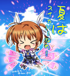 Rule 34 | &gt; &lt;, 1girl, :d, armor, armored dress, blue sky, brown hair, chibi, cloud, cloudy sky, commentary, dated, day, facing viewer, flying, food, hair ribbon, jacket, light particles, lyrical nanoha, magical girl, mahou shoujo lyrical nanoha the movie 3rd: reflection, ocean, open mouth, outdoors, outstretched arms, popsicle, ribbon, san-pon, short twintails, skirt, sky, smile, solo, spread arms, takamachi nanoha, takamachi nanoha (formula ii), translation request, twintails, twitter username, watermelon bar, white jacket, white ribbon, white skirt