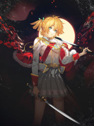 Rule 34 | 1girl, aiguillette, arlizi, arm at side, belt, belt buckle, black background, blonde hair, brown belt, buckle, commentary, daiba nana, dual wielding, epaulettes, expressionless, falling petals, feet out of frame, fingernails, full moon, fur-trimmed jacket, fur trim, gold trim, green eyes, green ribbon, grey skirt, hair between eyes, hair ribbon, hand up, head tilt, highres, holding, holding sword, holding weapon, jacket, jacket on shoulders, katana, light particles, long sleeves, looking at viewer, miniskirt, moon, parted lips, petals, pleated skirt, red jacket, ribbon, short hair, short twintails, shoujo kageki revue starlight, single stripe, skirt, solo, sparkle, standing, striped clothes, striped skirt, sword, twintails, weapon, white jacket