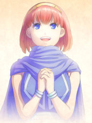 Rule 34 | 1girl, blue eyes, bracelet, cape, fire emblem, fire emblem: mystery of the emblem, hairband, own hands clasped, jewelry, kinoeneko, maria (fire emblem), nintendo, own hands together, red hair, short hair, smile, solo