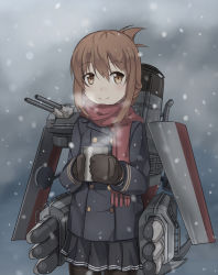Rule 34 | 1girl, anchor, black gloves, black pantyhose, black skirt, blue coat, blush, brown eyes, brown hair, cannon, cloud, cloudy sky, coat, commentary request, cup, folded ponytail, gloves, holding, holding cup, ido (teketeke), inazuma (kancolle), kantai collection, looking at viewer, machinery, mittens, outdoors, pantyhose, red scarf, revision, scarf, school uniform, serafuku, short hair, simple background, skirt, sky, smile, snowing, solo, thighhighs, torpedo, torpedo tubes, white background, winter, winter clothes, winter uniform